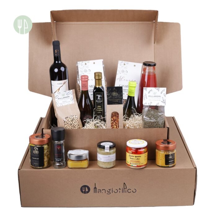 Box Emozioni: Un mix di sapori intensi e autentici del Sud, con oli pregiati, pasta artigianale e vini raffinati. Ideale per regalare emozioni culinarie