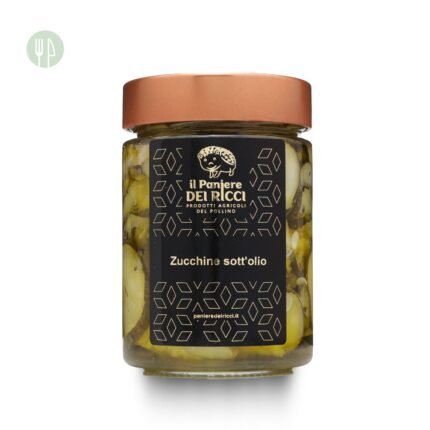 Zucchine Sott’olio: Conservate in olio EVO e aceto menta e aglio, vasetto da 300 g.