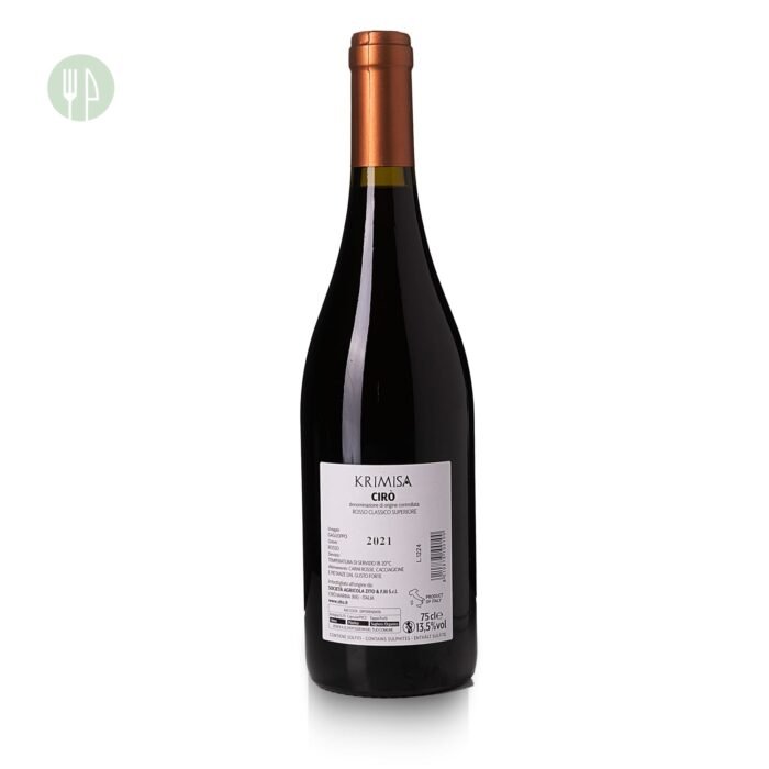 Krimisa Cirò Rosso: Autentico vino calabrese da uve Gaglioppo, dal colore granato e dal gusto avvolgente. Ideale con arrosti e piatti di carattere. Bottiglia da 75 cl.