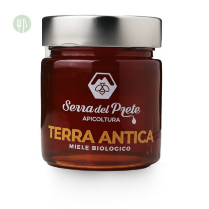 Miele Terra Antica Bio: un miele artigianale del pollino scuro e ricco di minerali. Con sentori di prugna. Vasetto da 300 ml